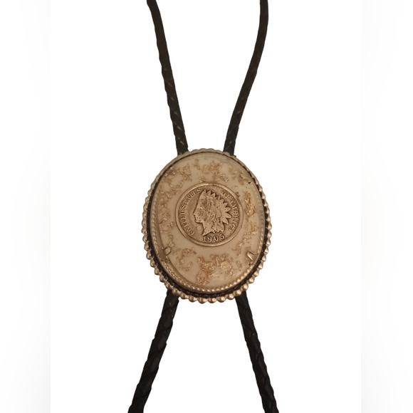 1905 Indian Head Penny Cream Gold Flecks Leather Boho Tie - Picture 2 of 5